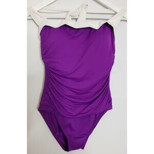 Lauren Ralph Lauren Womens Swimsuit 10 Purple White Padded 1 Piece Ruched Front